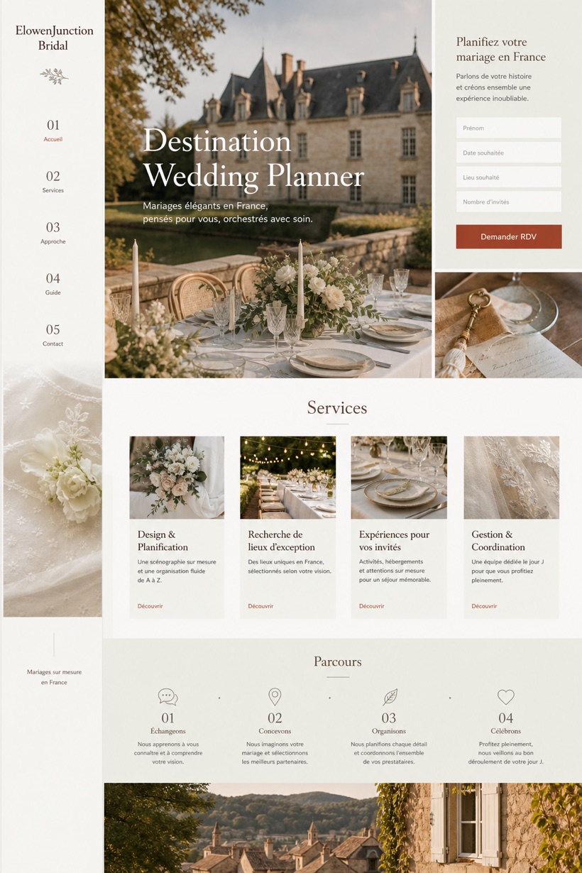 Weddings & Events website design for France, showing a clear opening, service information, supporting content, and a focused inquiry action.