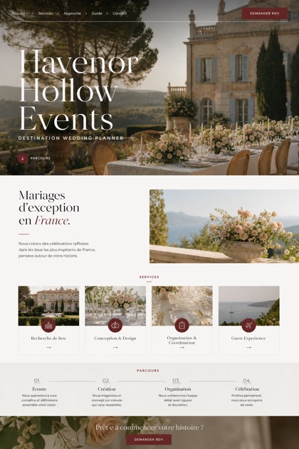 Weddings & Events website design for France, showing a clear opening, service information, supporting content, and a focused inquiry action.
