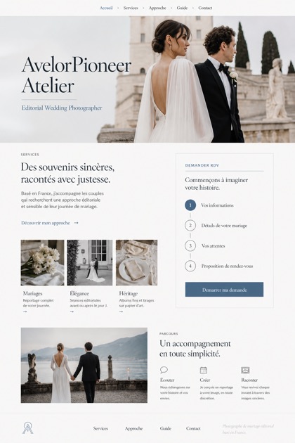 Weddings & Events website design for France, showing a clear opening, service information, supporting content, and a focused inquiry action.