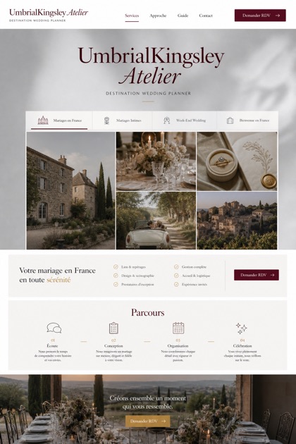 Weddings & Events website design for France, showing a clear opening, service information, supporting content, and a focused inquiry action.