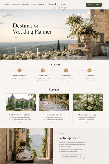 Weddings & Events website design for France, showing a clear opening, service information, supporting content, and a focused inquiry action.
