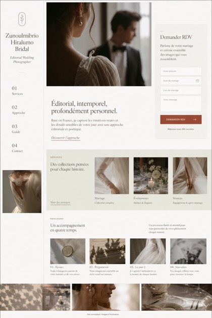 Weddings & Events website design for France, showing a clear opening, service information, supporting content, and a focused inquiry action.
