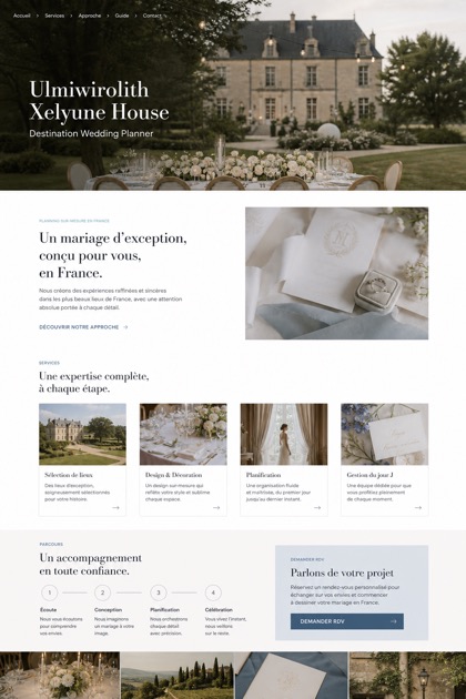 Weddings & Events website design for France, showing a clear opening, service information, supporting content, and a focused inquiry action.