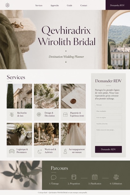 Weddings & Events website design for France, showing a clear opening, service information, supporting content, and a focused inquiry action.