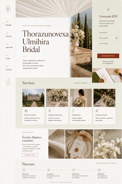 Weddings & Events website design for France, showing a clear opening, service information, supporting content, and a focused inquiry action.