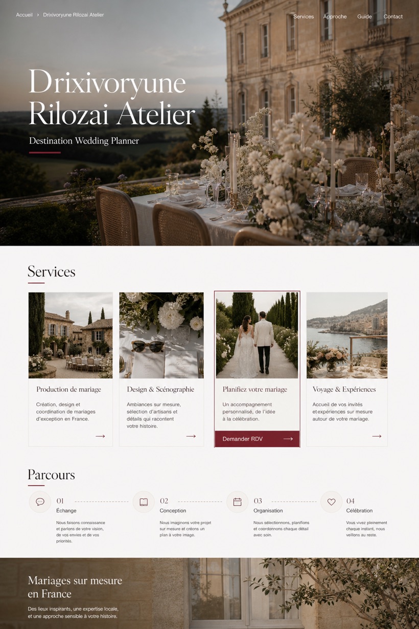 Weddings & Events website design for France, showing a clear opening, service information, supporting content, and a focused inquiry action.