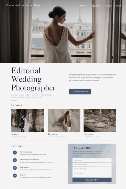 Weddings & Events website design for France, showing a clear opening, service information, supporting content, and a focused inquiry action.