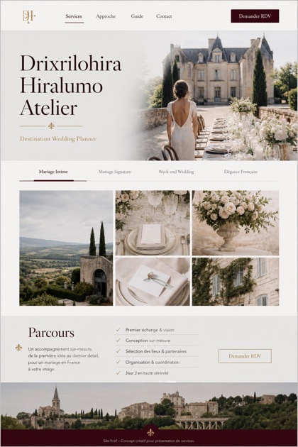 Weddings & Events website design for France, showing a clear opening, service information, supporting content, and a focused inquiry action.