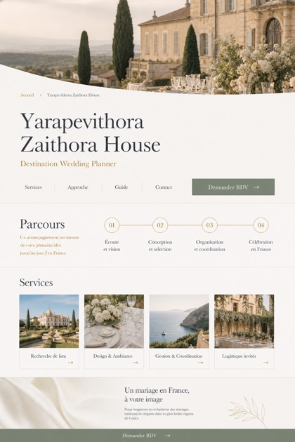Weddings & Events website design for France, showing a clear opening, service information, supporting content, and a focused inquiry action.