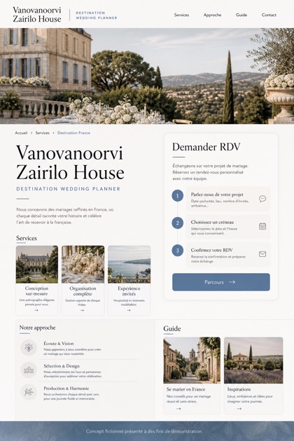 Weddings & Events website design for France, showing a clear opening, service information, supporting content, and a focused inquiry action.