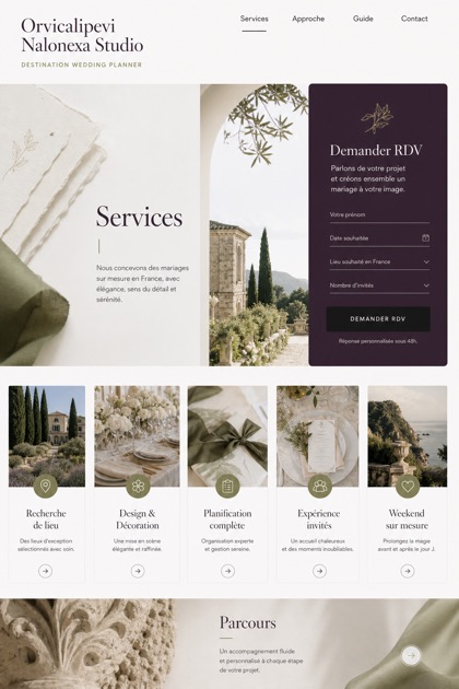 Weddings & Events website design for France, showing a clear opening, service information, supporting content, and a focused inquiry action.
