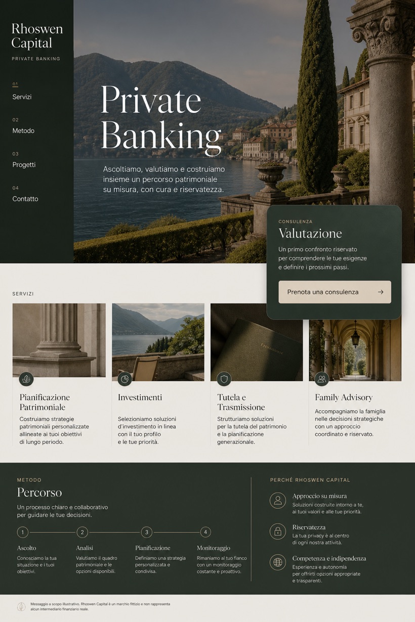Finance website design for Italy, showing a clear opening, service information, supporting content, and a focused inquiry action.