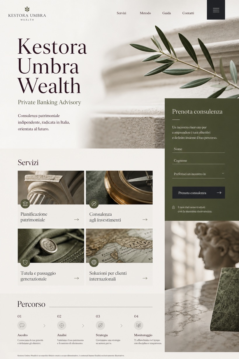 Finance website design for Italy, showing a clear opening, service information, supporting content, and a focused inquiry action.