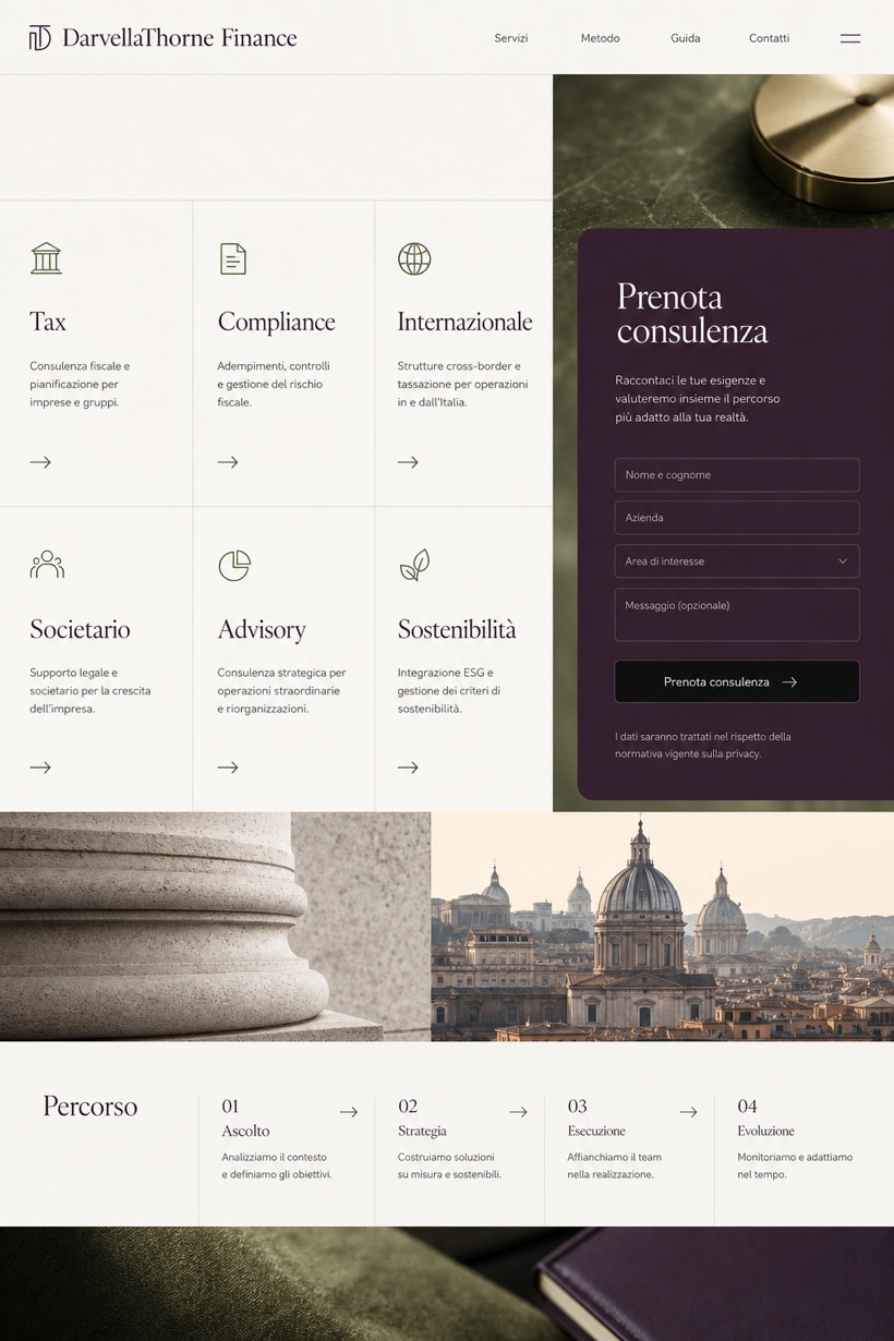 Finance website design for Italy, showing a clear opening, service information, supporting content, and a focused inquiry action.