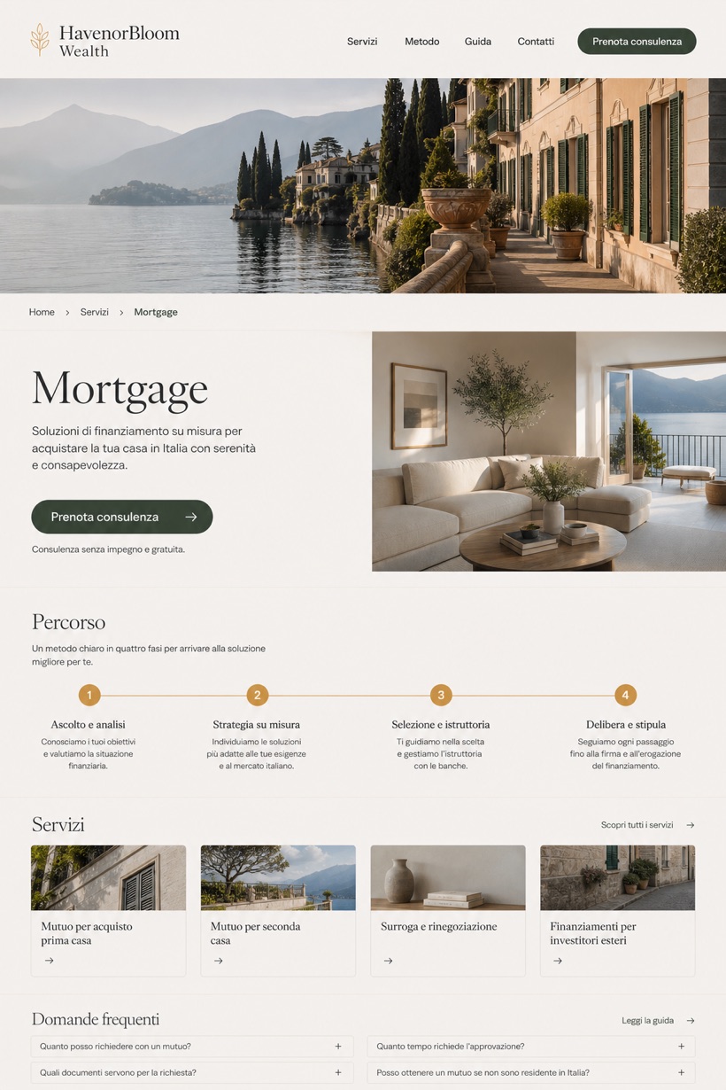 Finance website design for Italy, showing a clear opening, service information, supporting content, and a focused inquiry action.