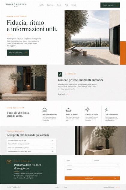 Fictional Morrowgreen Stay Private villa hospitality website design showcase in a 2:3 layout with service sections, FAQ, and inquiry action