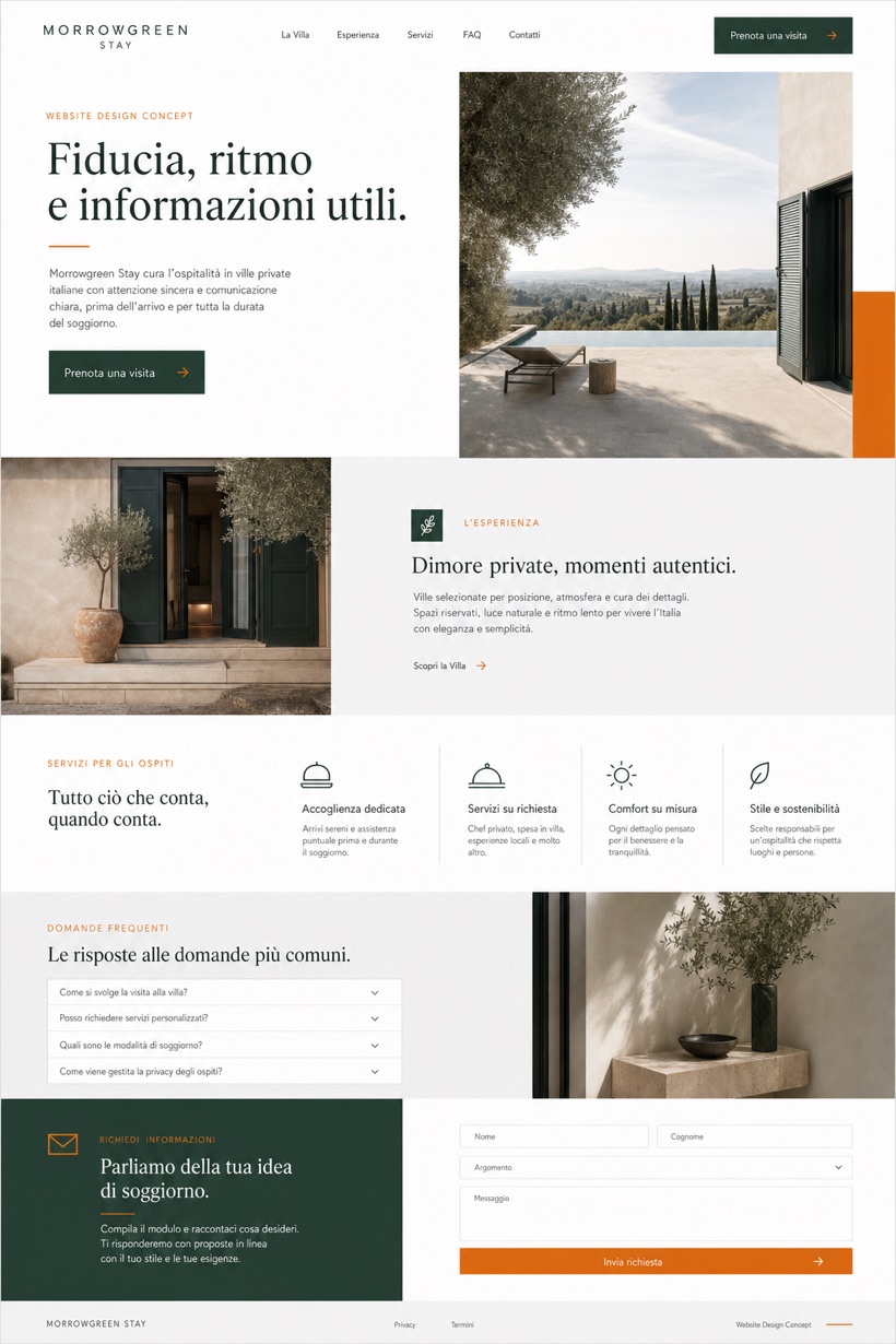 Fictional Morrowgreen Stay Private villa hospitality website design showcase in a 2:3 layout with service sections, FAQ, and inquiry action