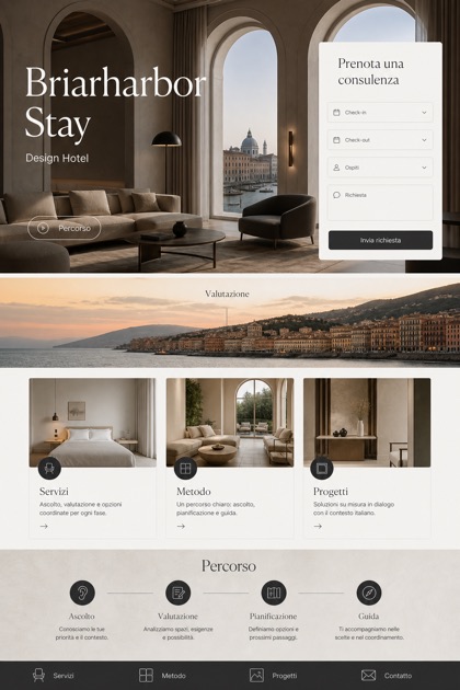 Hospitality website design for Italy, showing a clear opening, service information, supporting content, and a focused inquiry action.