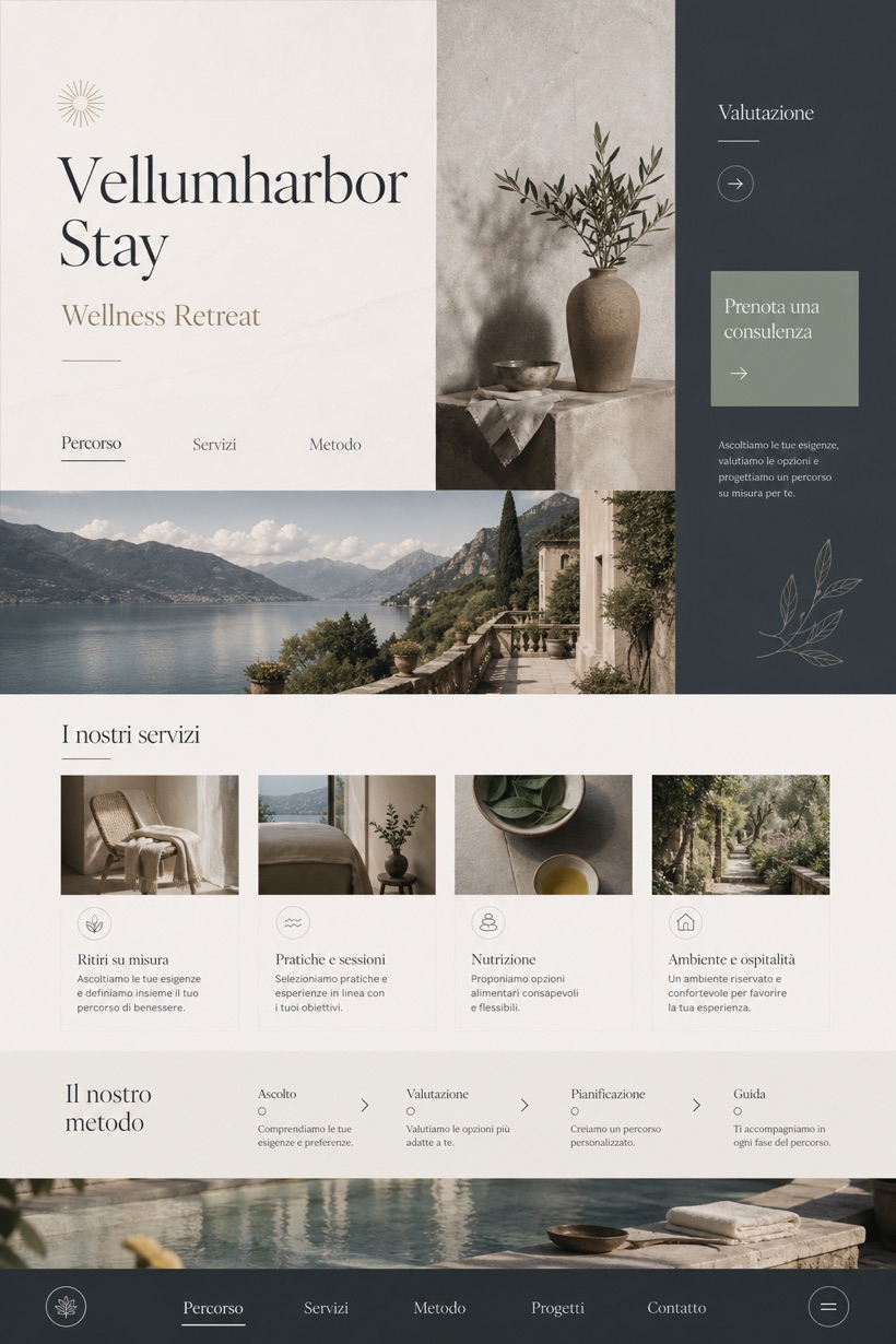 Hospitality website design for Italy, showing a clear opening, service information, supporting content, and a focused inquiry action.