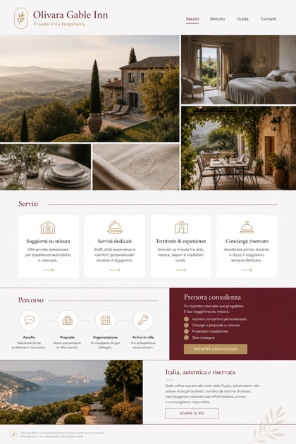 Hospitality website design for Italy, showing a clear opening, service information, supporting content, and a focused inquiry action.