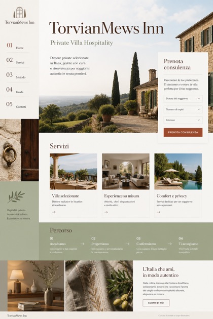 Hospitality website design for Italy, showing a clear opening, service information, supporting content, and a focused inquiry action.