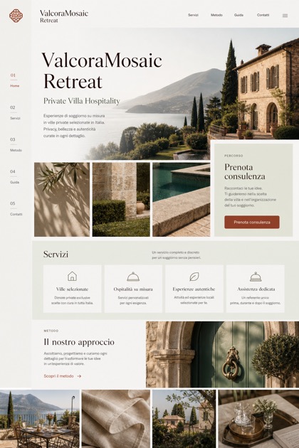 Hospitality website design for Italy, showing a clear opening, service information, supporting content, and a focused inquiry action.