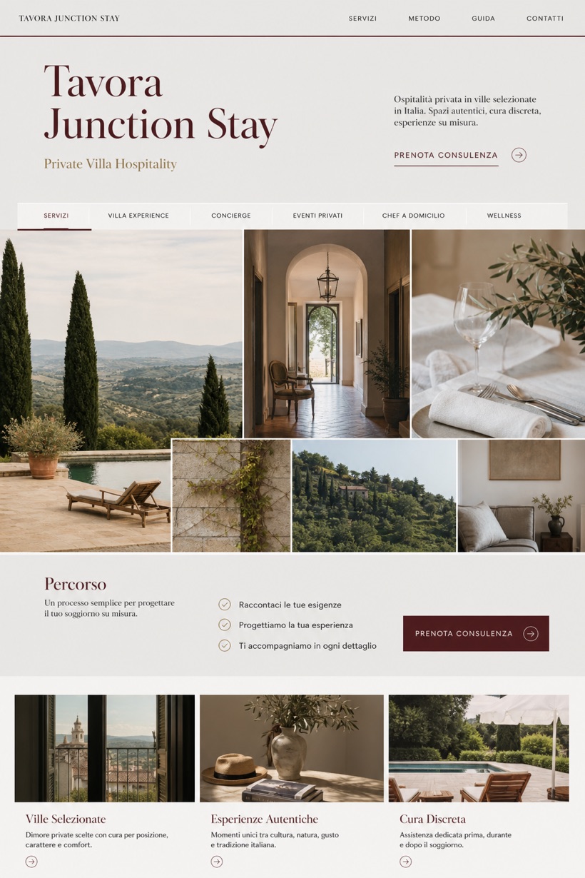 Hospitality website design for Italy, showing a clear opening, service information, supporting content, and a focused inquiry action.
