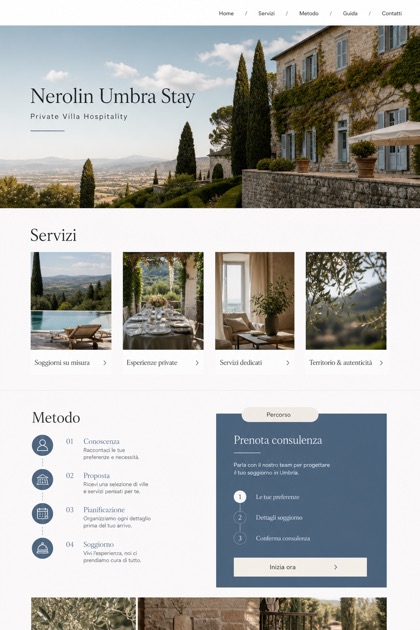 Hospitality website design for Italy, showing a clear opening, service information, supporting content, and a focused inquiry action.