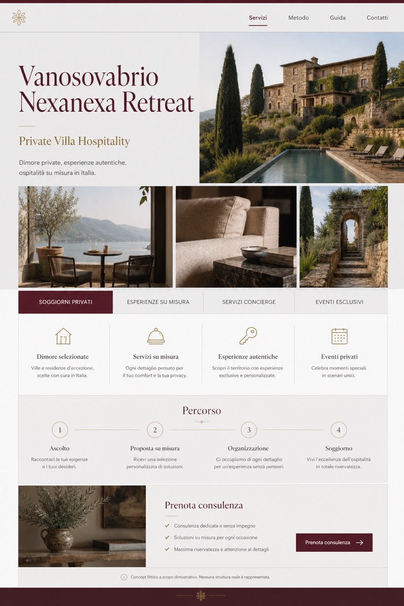 Hospitality website design for Italy, showing a clear opening, service information, supporting content, and a focused inquiry action.