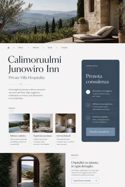Hospitality website design for Italy, showing a clear opening, service information, supporting content, and a focused inquiry action.
