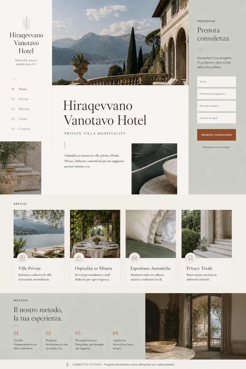 Hospitality website design for Italy, showing a clear opening, service information, supporting content, and a focused inquiry action.
