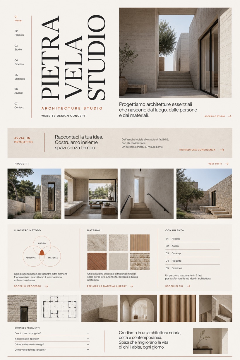 Fictional Pietra Vela Studio architecture website concept with vertical title, material studies, residential image grid, process overview, FAQ, and inquiry path