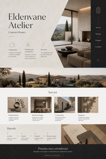 Architecture & Interiors website design for Italy, showing a clear opening, service information, supporting content, and a focused inquiry action.