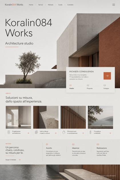 Architecture & Interiors website design for Italy, showing a clear opening, service information, supporting content, and a focused inquiry action.