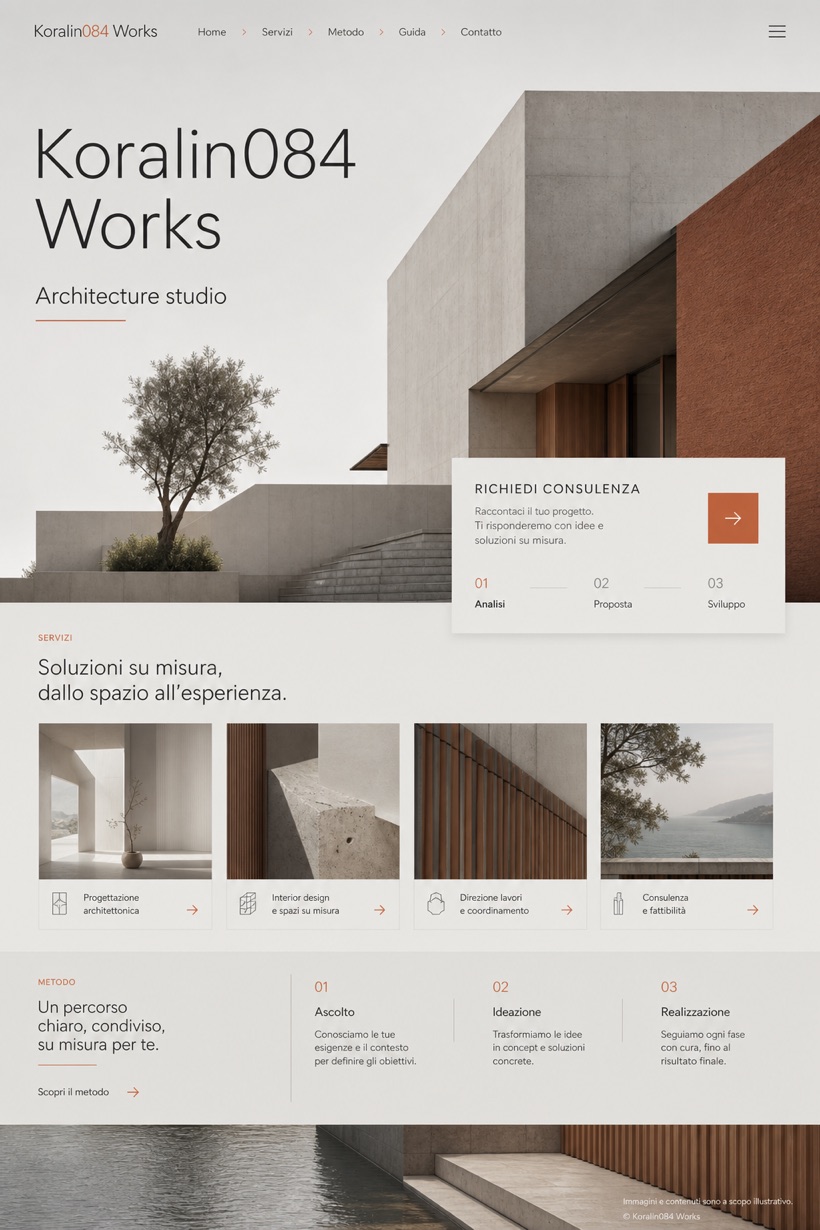 Architecture & Interiors website design for Italy, showing a clear opening, service information, supporting content, and a focused inquiry action.