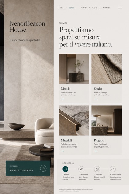 Architecture & Interiors website design for Italy, showing a clear opening, service information, supporting content, and a focused inquiry action.