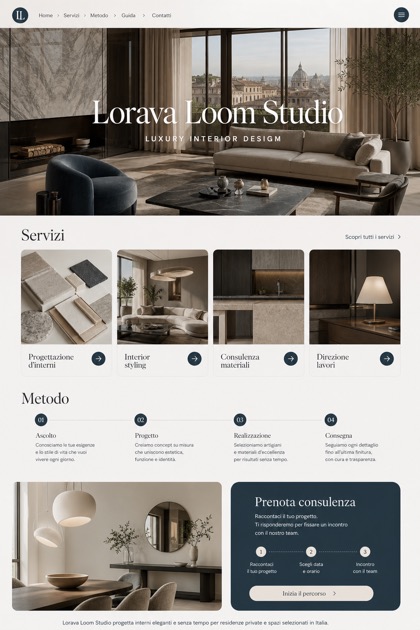Architecture & Interiors website design for Italy, showing a clear opening, service information, supporting content, and a focused inquiry action.