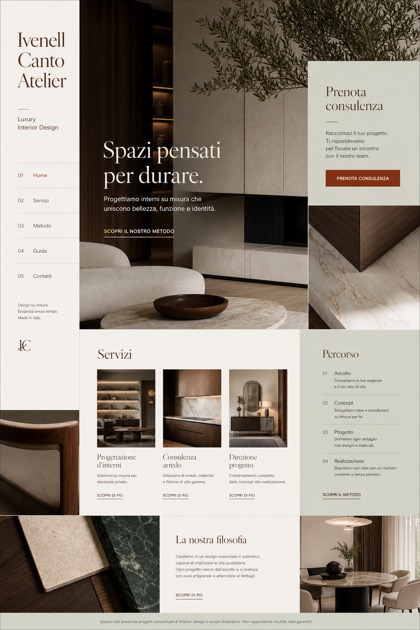 Architecture & Interiors website design for Italy, showing a clear opening, service information, supporting content, and a focused inquiry action.