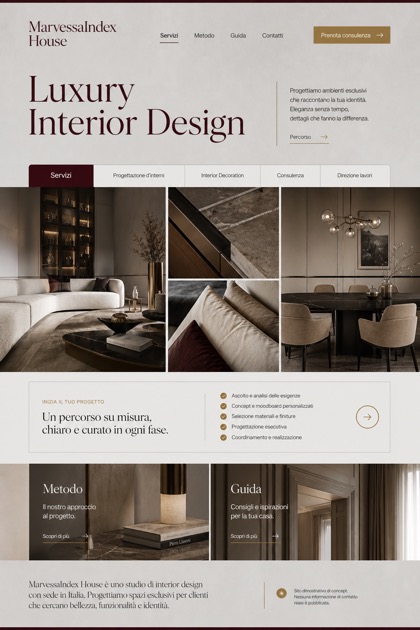 Architecture & Interiors website design for Italy, showing a clear opening, service information, supporting content, and a focused inquiry action.