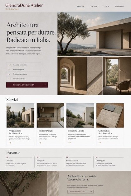 Architecture & Interiors website design for Italy, showing a clear opening, service information, supporting content, and a focused inquiry action.