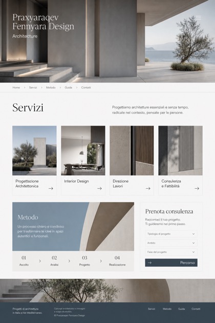 Architecture & Interiors website design for Italy, showing a clear opening, service information, supporting content, and a focused inquiry action.