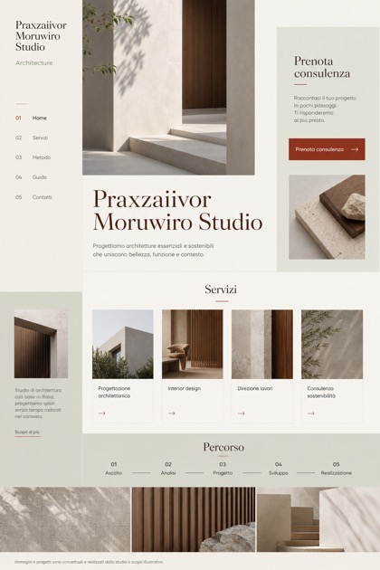 Architecture & Interiors website design for Italy, showing a clear opening, service information, supporting content, and a focused inquiry action.