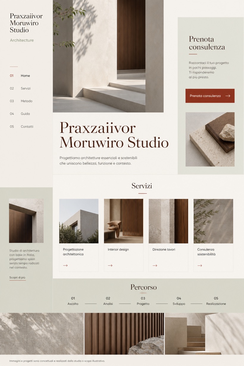Architecture & Interiors website design for Italy, showing a clear opening, service information, supporting content, and a focused inquiry action.