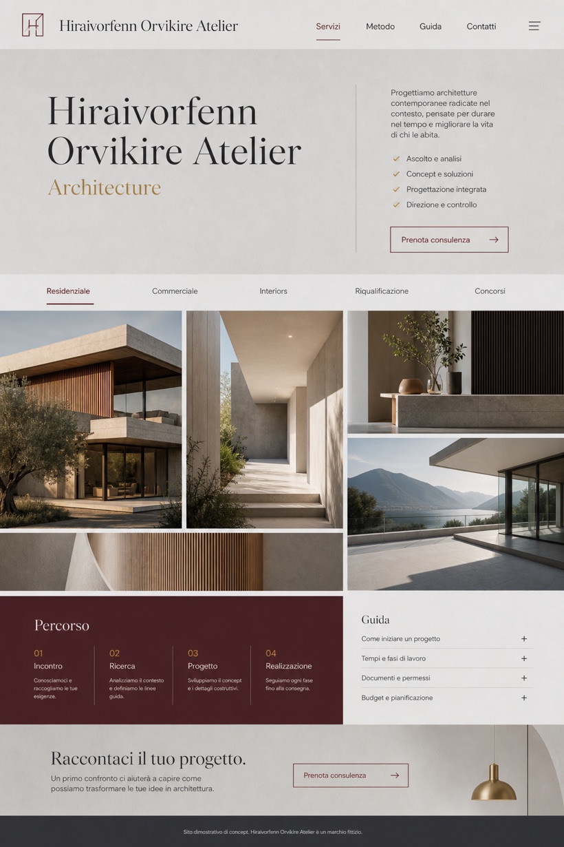 Architecture & Interiors website design for Italy, showing a clear opening, service information, supporting content, and a focused inquiry action.