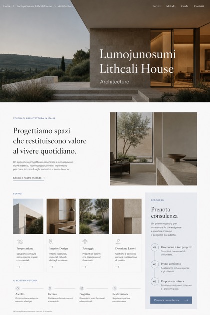 Architecture & Interiors website design for Italy, showing a clear opening, service information, supporting content, and a focused inquiry action.