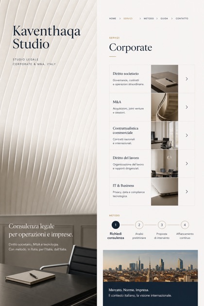Legal website design for Italy, showing a clear opening, service information, supporting content, and a focused inquiry action.