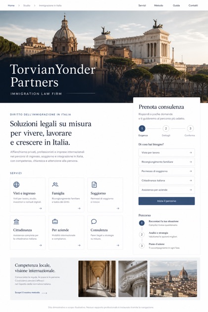Legal website design for Italy, showing a clear opening, service information, supporting content, and a focused inquiry action.