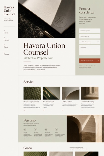 Legal website design for Italy, showing a clear opening, service information, supporting content, and a focused inquiry action.