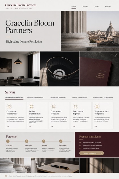 Legal website design for Italy, showing a clear opening, service information, supporting content, and a focused inquiry action.