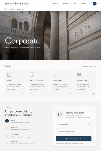 Legal website design for Italy, showing a clear opening, service information, supporting content, and a focused inquiry action.